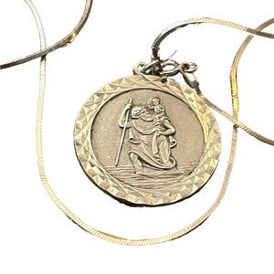 Vintage European St Christopher  medalion sterling chain Necklace Religious